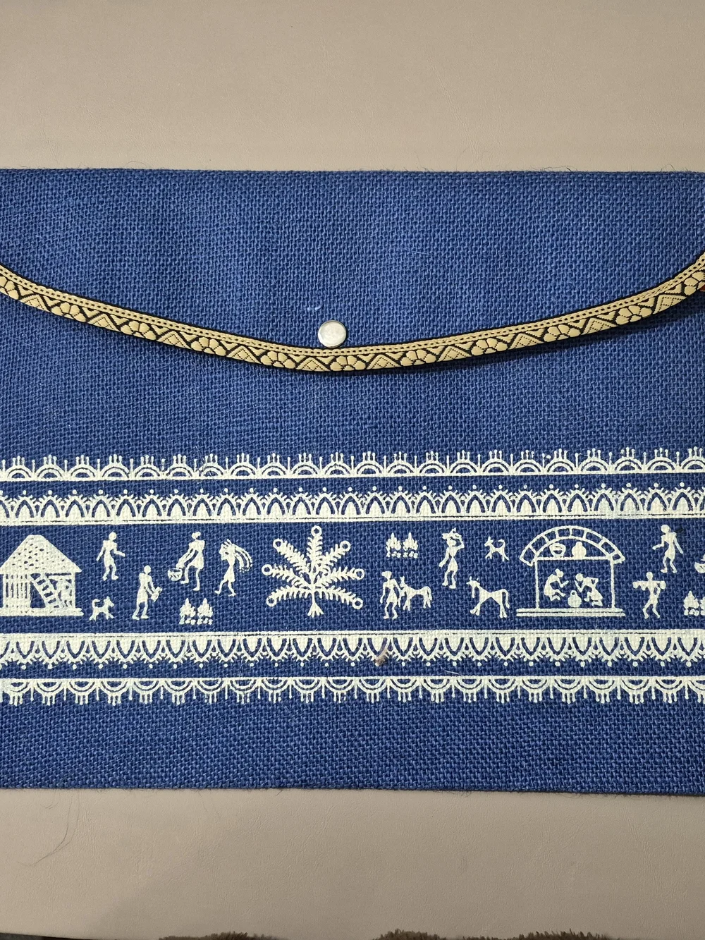 Jute Cottage Blue Jute Portfolio Folder Warli Art Document Envelope Folk Art